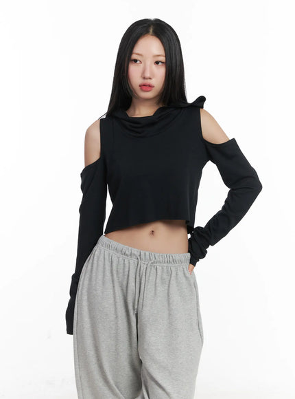 cut-out-crop-hood-long-sleeve-top-cd529 / Black