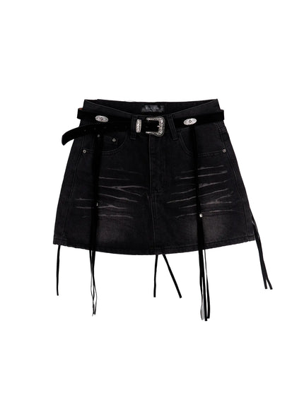 boho-belted-denim-mini-skirt-cn512 / Black