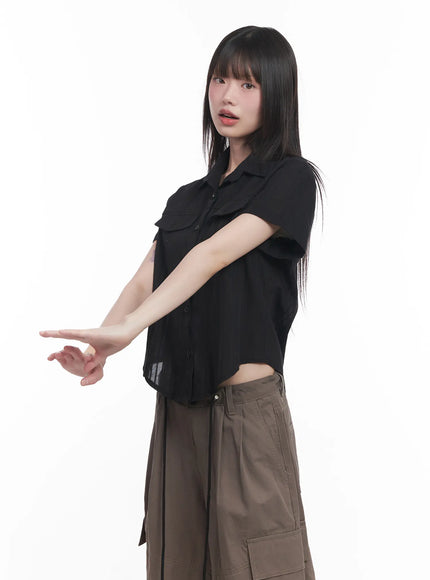 collared-buttoned-short-sleeve-shirt-cu518 / Black