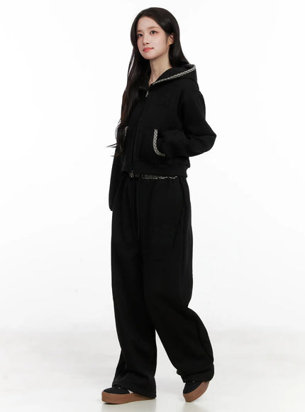 plaid-trim-zip-up-hoodie-cn527 / Black