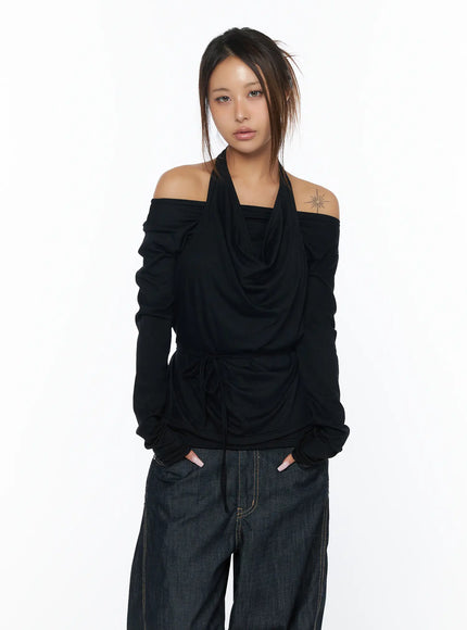 layered-long-sleeve-halter-top-ca516 / Black