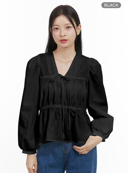 chic-solid-v-neck-blouse-os411 / Black