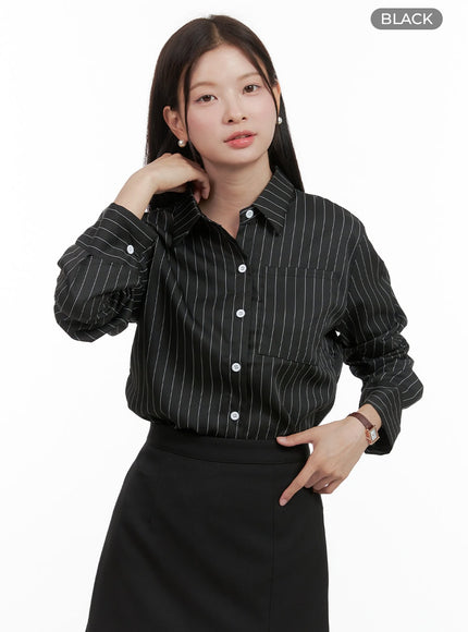 stripe-buttoned-collar-shirt-og416 / Black