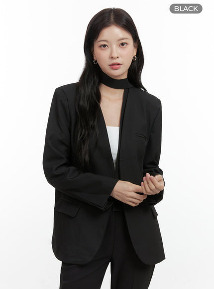 collarless-chic-tie-blazer-jacket-os423 / Black