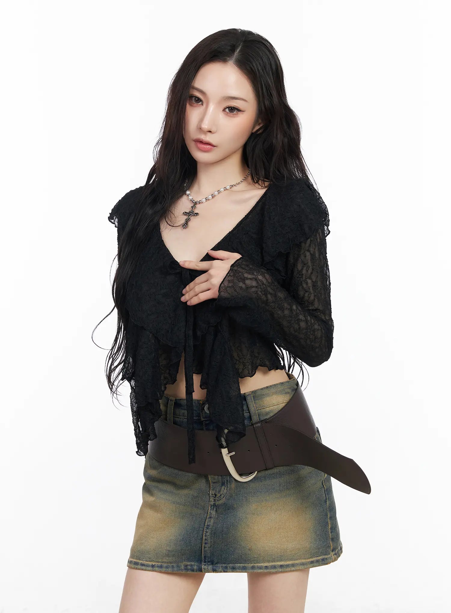 sheer-ruffle-ribbon-cardigan-cm518 / Black