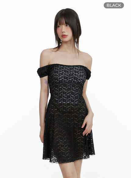 sheer-off-shoulder-mini-dress-cy428 / Black