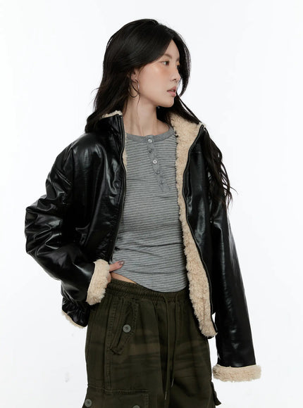 reversible-faux-fur-leather-jacket-cn513 / Black