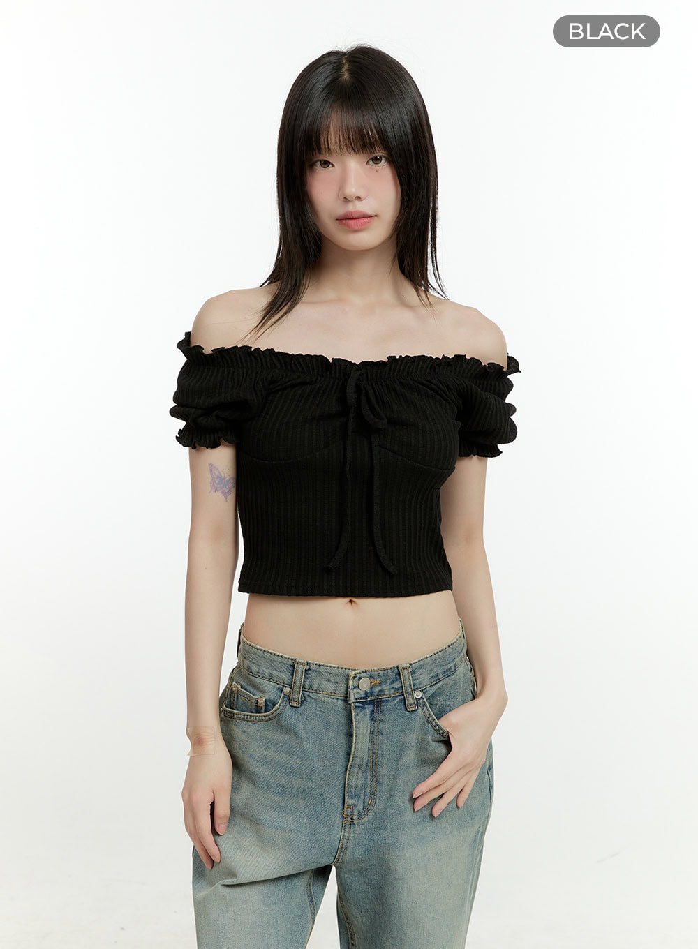 ribbon-frill-lace-off-shoulder-crop-top-cg401 / Black