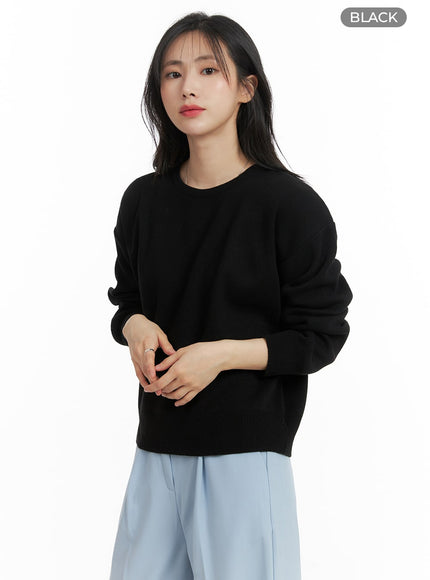 solid-round-neck-knit-sweater-om411 / Black