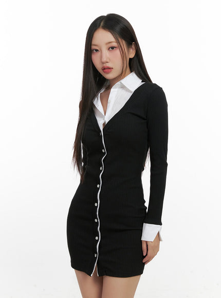 buttoned-collar-mini-dress-cn419 / Black