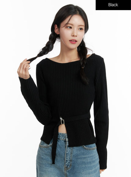 boat-neck-buckle-knit-top-of414 / Black