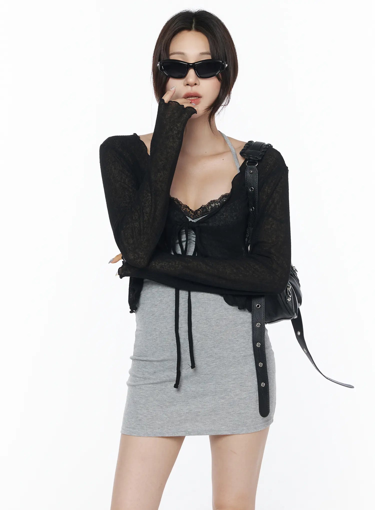 scallop-trim-tie-front-cardigan-cu504 / Black