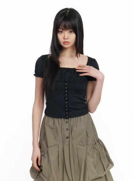 puff-sleeve-crop-short-sleeve-blouse-cm512 / Black