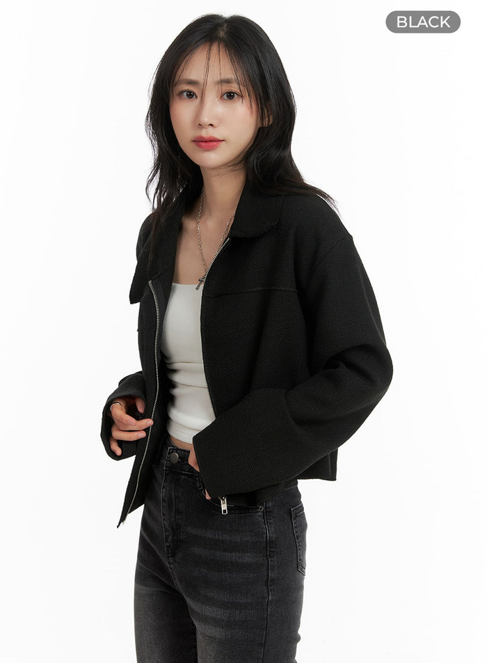 solid-collar-zipper-jacket-om408 / Black