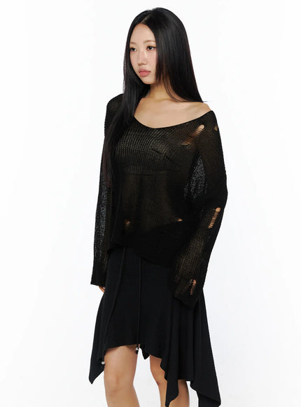 sheer-distressed-knit-sweater-cu512 / Black