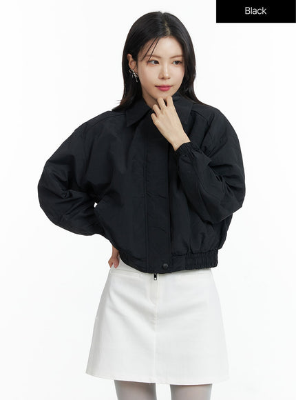 zip-up-crop-bomber-jacket-of408 / Black