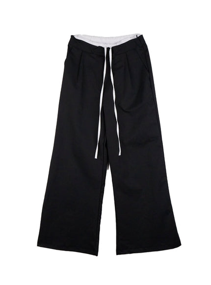 string-detail-solid-wide-fit-pants-cd413 / Black