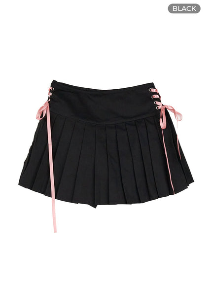 ribbon-pleated-mini-skirt-ol402 / Black