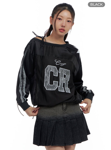 lace-tie-graphic-print-sweatshirt-cs425 / Black