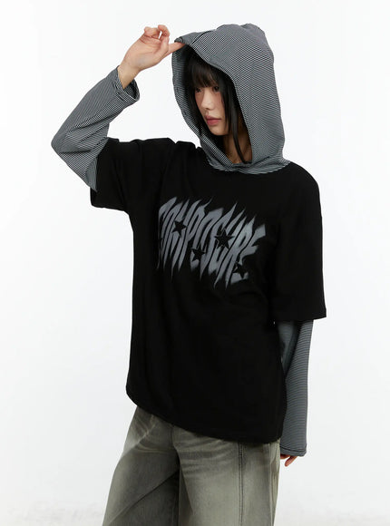 layered-hooded-graphic-long-sleeve-top-cf509 / Black