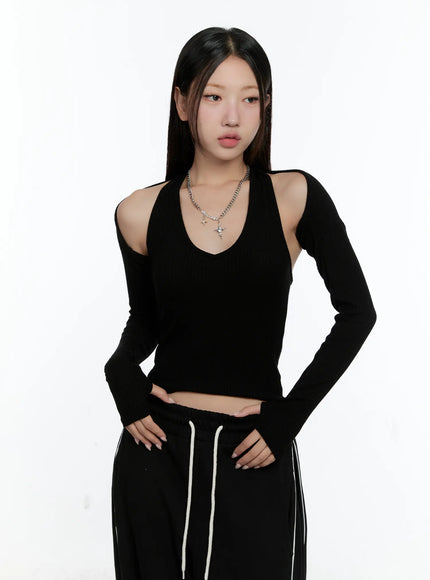 ribbed-halter-top-bolero-set-cs517 / Black