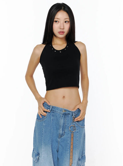 minimalist-studded-halter-tank-top-cu515 / Black