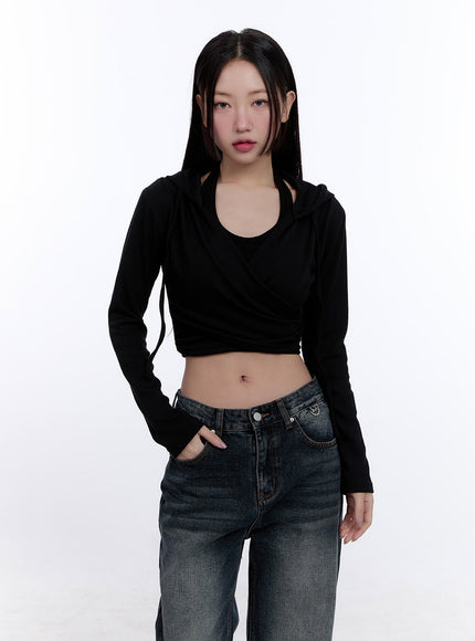 layered-wrap-cropped-hoodie-cj511 / Black