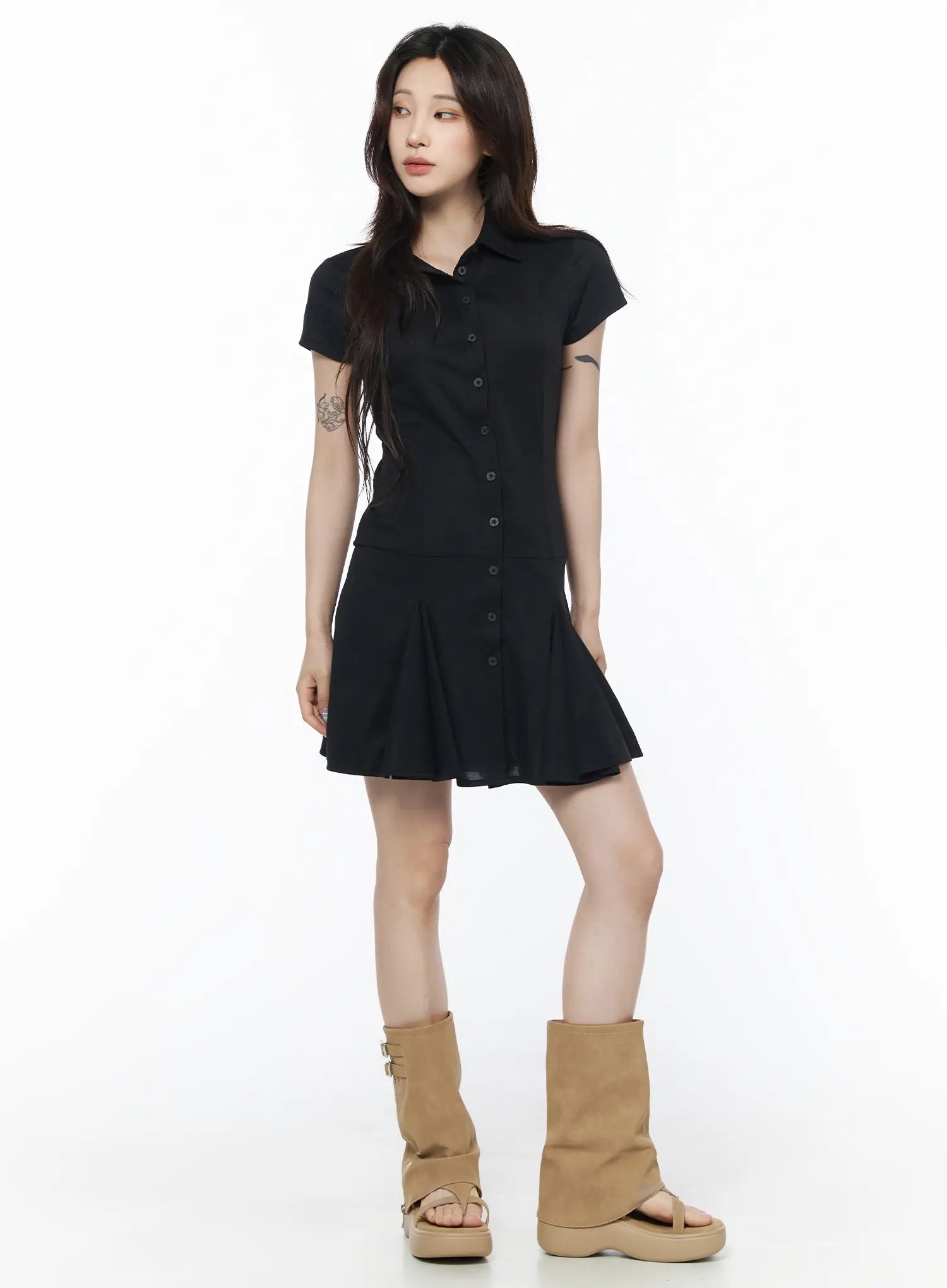 pleated-collar-mini-dress-cu510 / Black