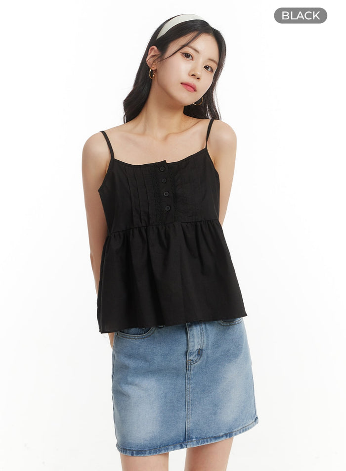 solid-ruffle-hem-button-up-cami-top-om406 / Black