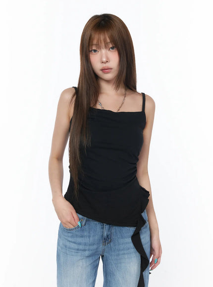 asymmetrical-ruched-sleeveless-top-cy529 / Black