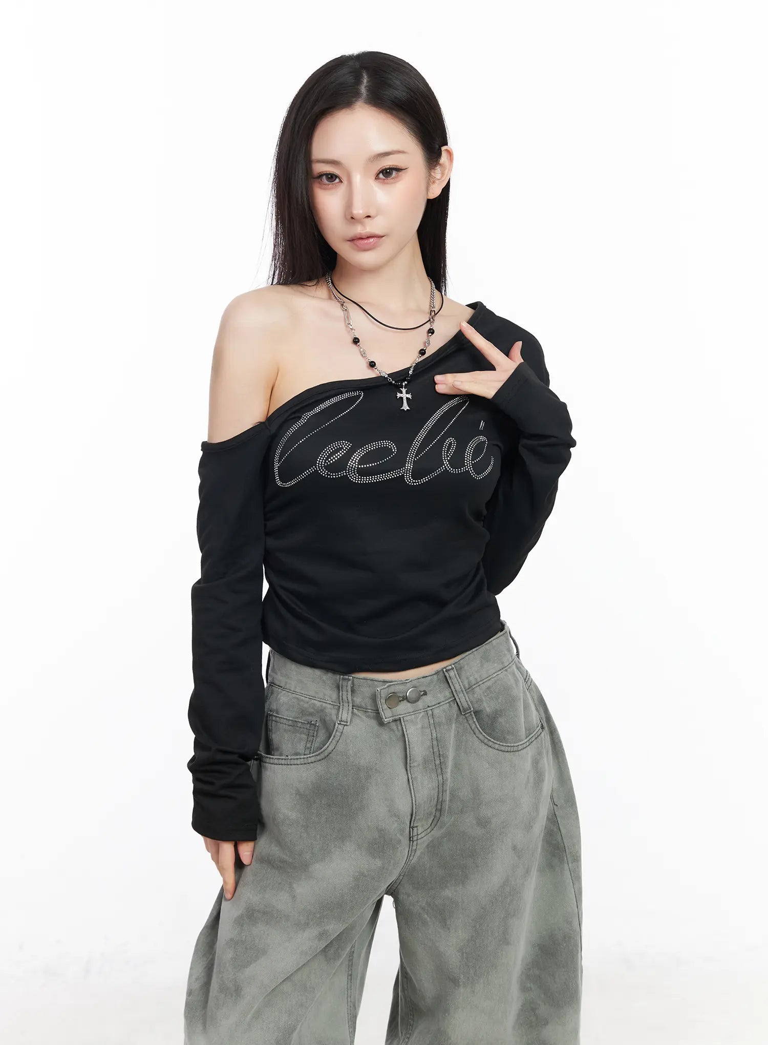 rhinestone-asymmetric-off-shoulder-long-sleeve-top-cm519 / Black