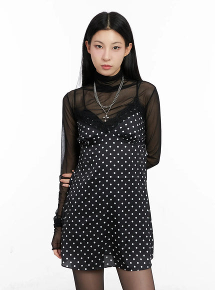 polka-dot-satin-lace-mini-dress-cg525 / Black