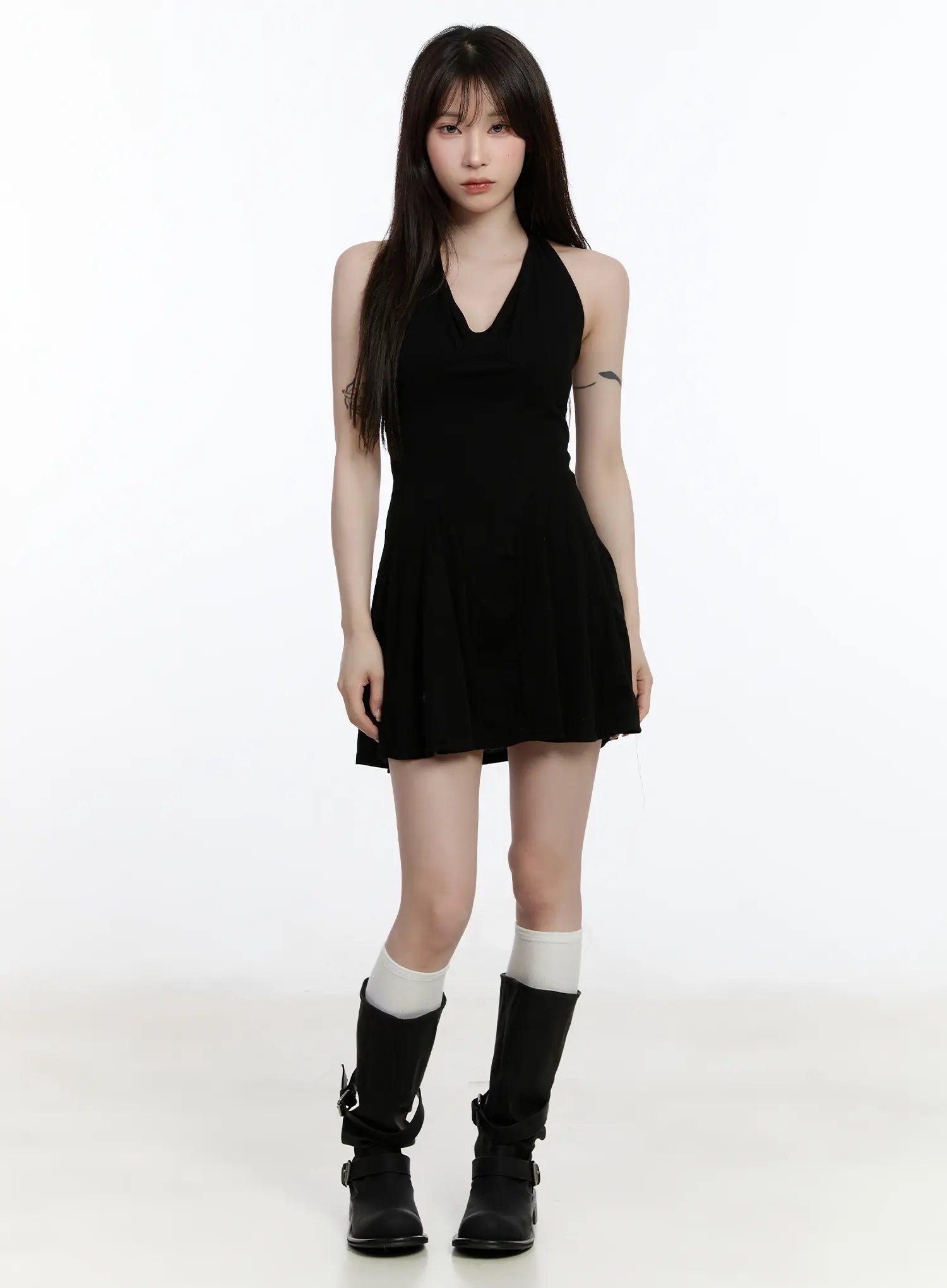 ribbed-halter-flare-mini-dress-ca502 / Black