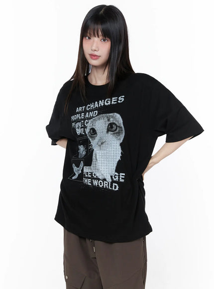 Oversized Cat Print Graphic Tee CU519 in Black, size M/L