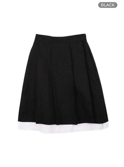 solid-two-layered-pleated-midi-skirt-om425 / Black