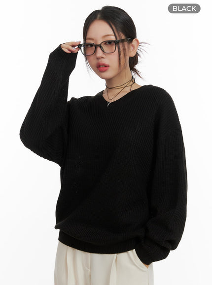 oversized-v-neck-waffle-knit-sweater-oa415 / Black