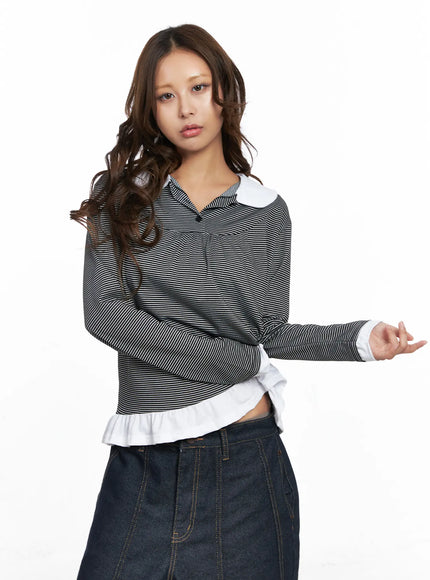 striped-collared-button-long-sleeve-top-co510 / Black