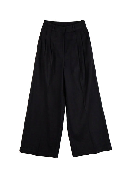 solid-print-wide-fit-polyester-pants-od417 / Black