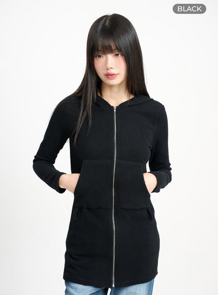 solid-zipper-long-sleeve-hoodie-cm415 / Black