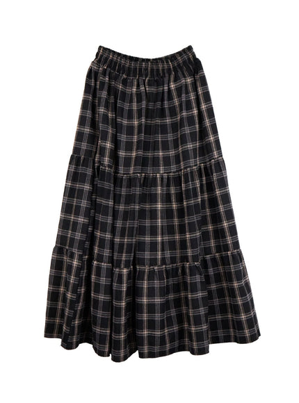 checkered-ruffle-maxi-skirt-od403 / Black