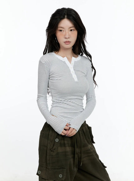 striped-button-slim-fit-tee-cn517 / Gray