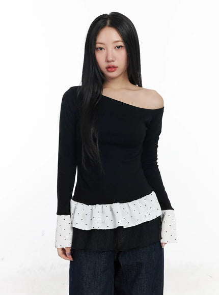 dotted-frill-long-sleeve-top-cf503 / Black