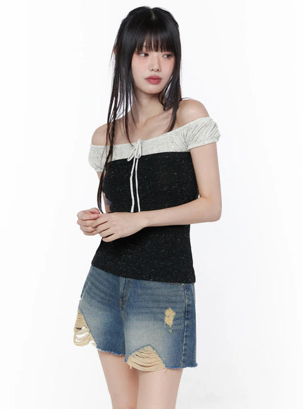 shirred-off-shoulder-top-cu519 / Black