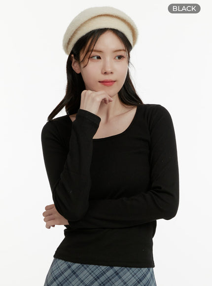 basic-cotton-u-neck-long-sleeve-tee-oa405 / Black