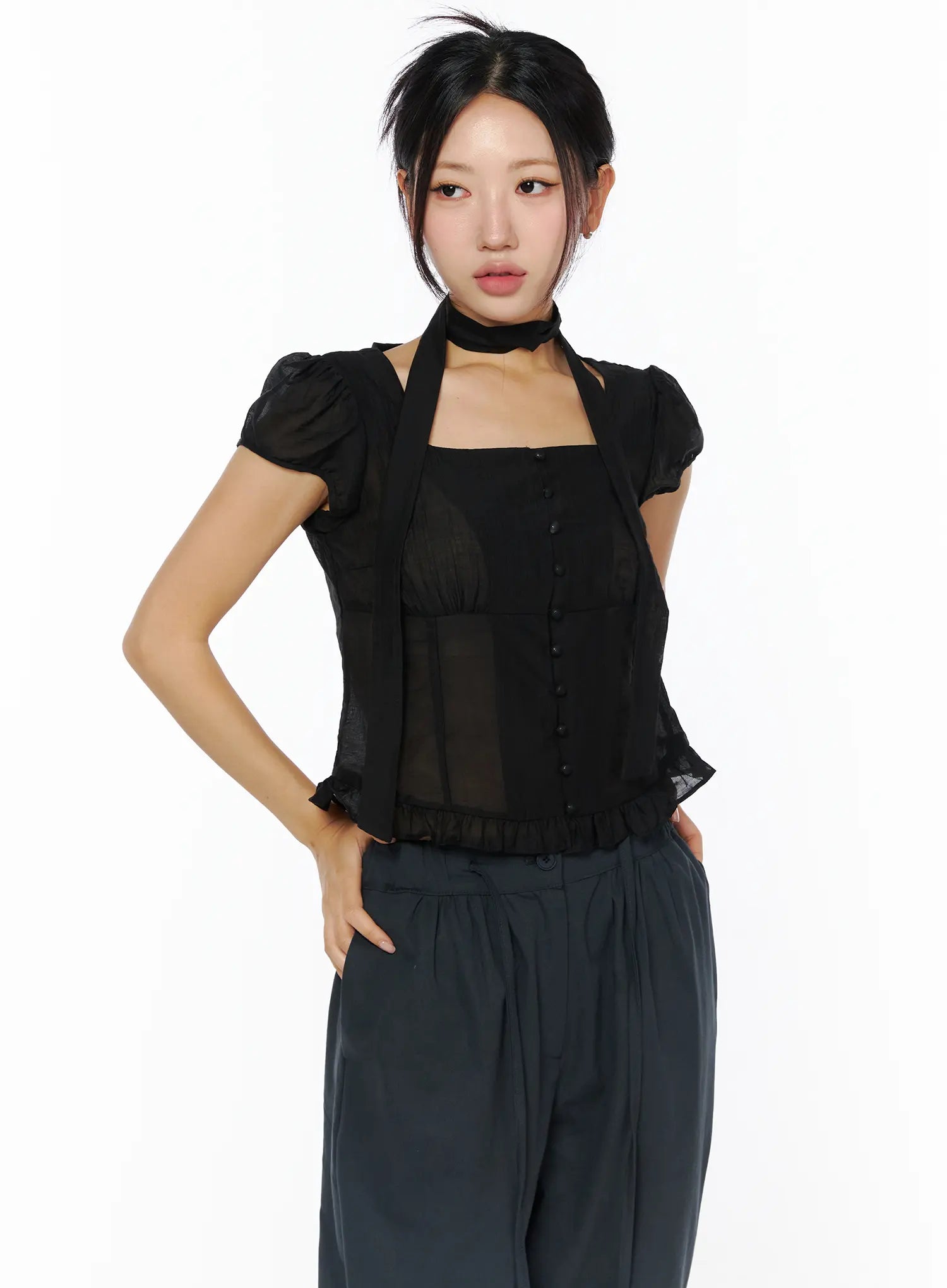 square-neck-ruffle-top-with-scarf-cu512 / Black