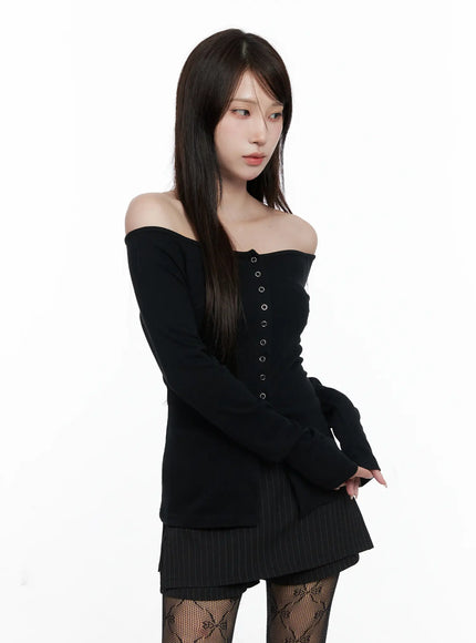 buttoned-off-shoulder-long-sleeve-cardigan-co520 / Black