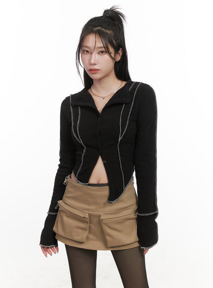 stitched-collared-crop-cardigan-cj516 / Black