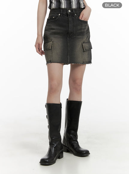 destroyed-hem-cargo-denim-mini-skirt-ca402 / Black