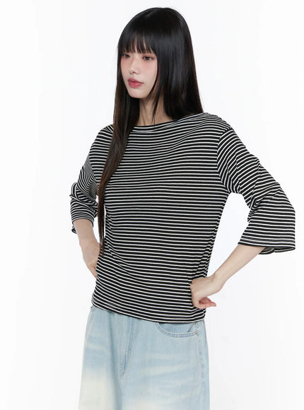 striped-boat-neck-long-sleeve-tee-cu519 / Black