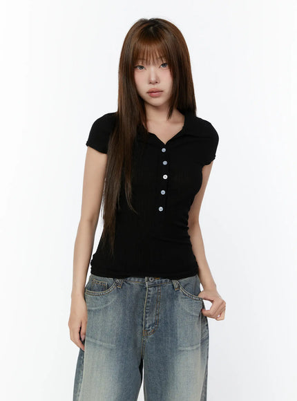 sheer-button-up-polo-shirt-cy518 / Black